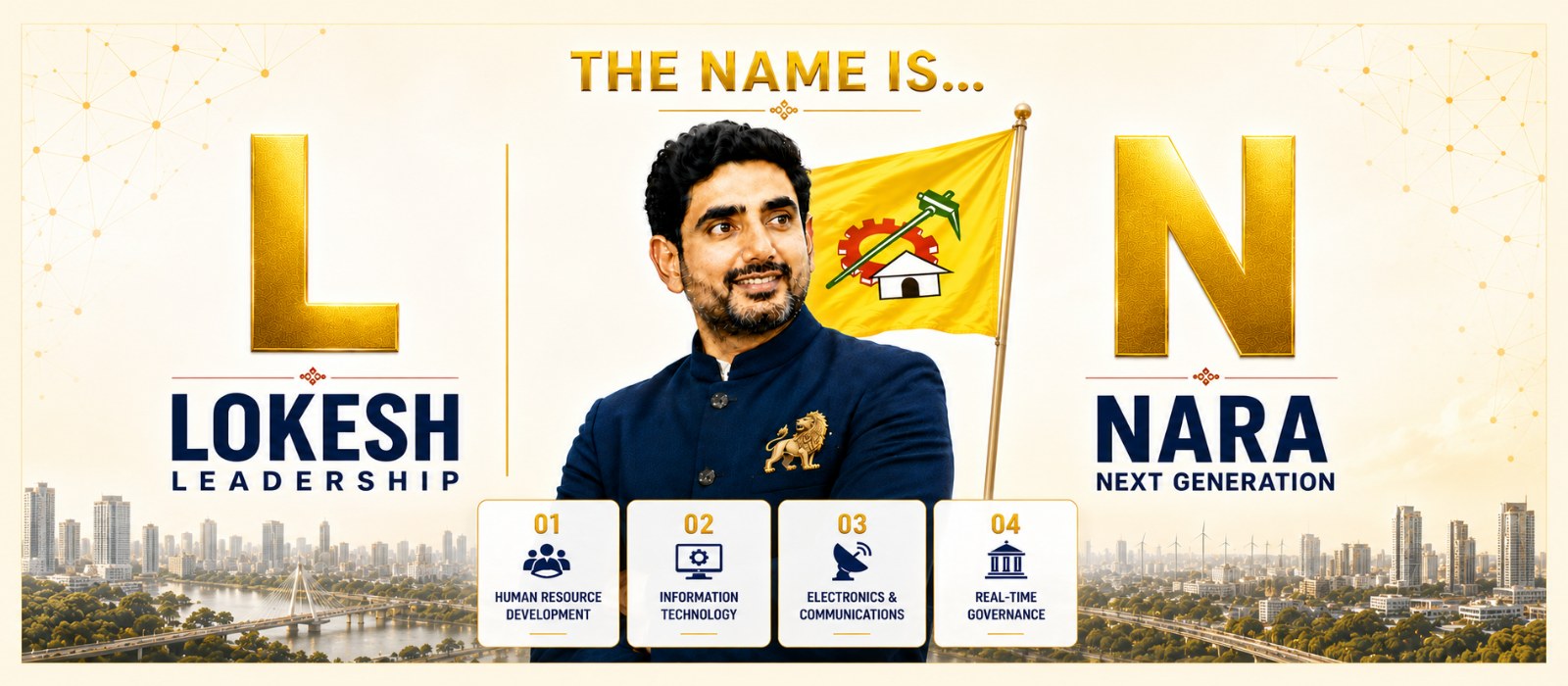 Nara Lokesh — L is for Lokesh, Leadership; N is for Nara, Next Generation. Human Resource Development, Information Technology, Electronics & Communications, Real-Time Governance.