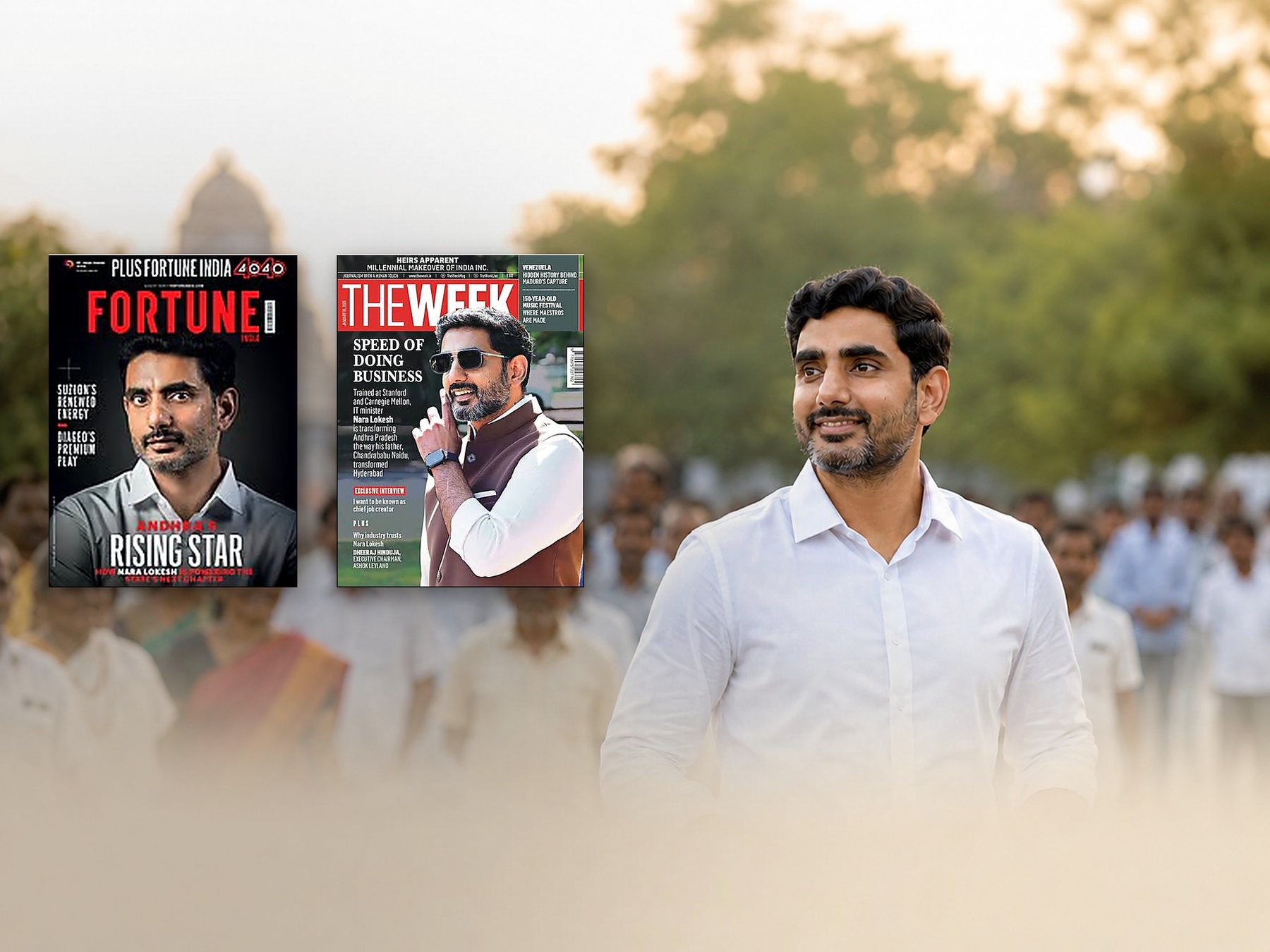 Nara Lokesh beside Fortune India and The Week covers featuring him