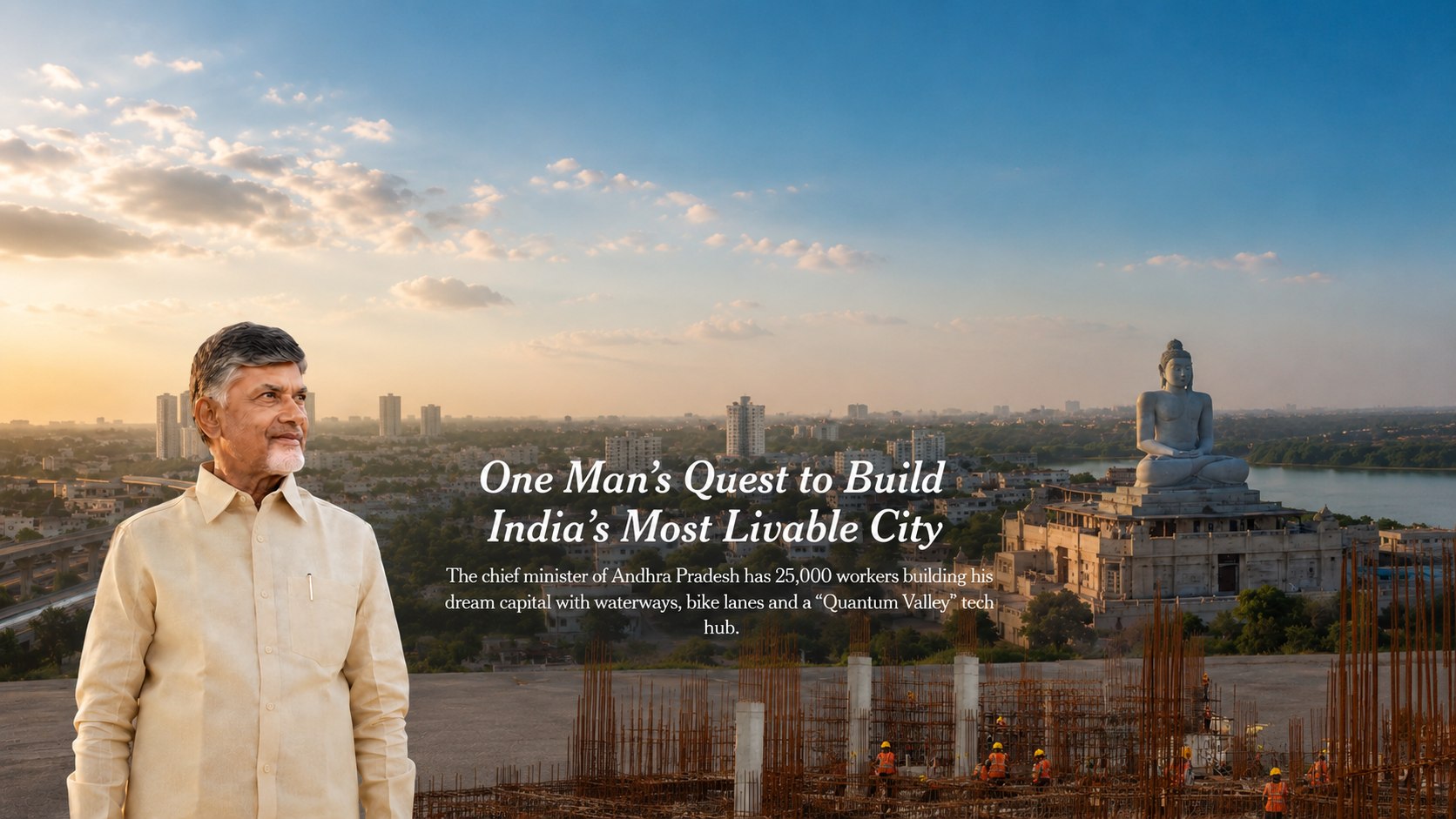 Chandrababu Naidu before the Amaravati skyline, under the headline “One Man’s Quest to Build India’s Most Livable City”